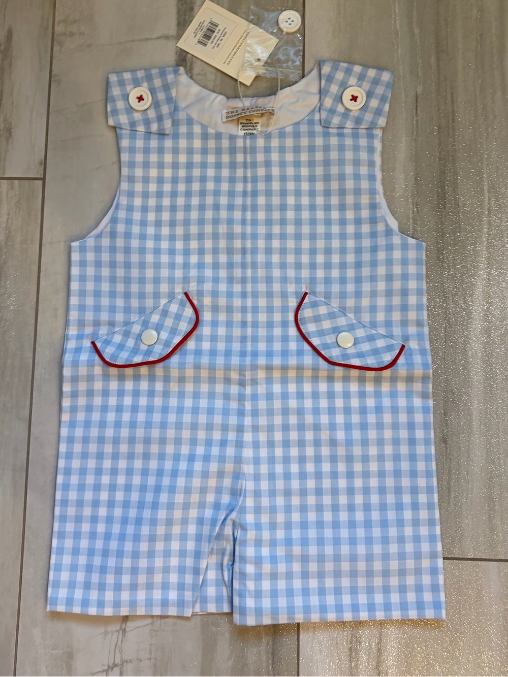 NWT TBBC Classic Blue Gingham Checked Front Pocket Jon Jon Romper Boys 12-18M